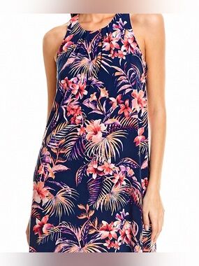 Tori Richard Tropical Floral Dress XS Racerback Blue Pink Shift